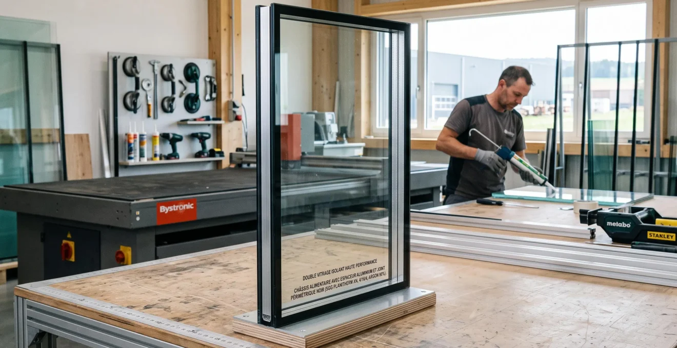 Panneau de double vitrage isolant moderne avec intercalaire aluminium visible et joints d'étanchéité noirs, dans un atelier vitrier contemporain