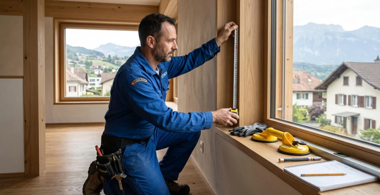 Vitrier professionnel en combinaison bleue mesurant avec précision une ouverture de fenêtre, outils spécialisés visibles sur le rebord